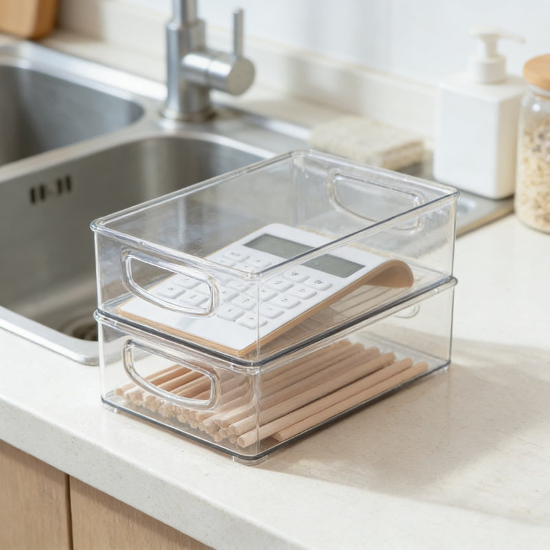 Bacs de rangement en plastique transparent avec poignées, 2 boîtes de rangement empilables pour l'organisation de bureau, de maison, d'armoire, de tablette et de tiroir