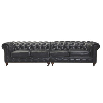 118" Genuine Leather Rolled Arm Chesterfield Sofa