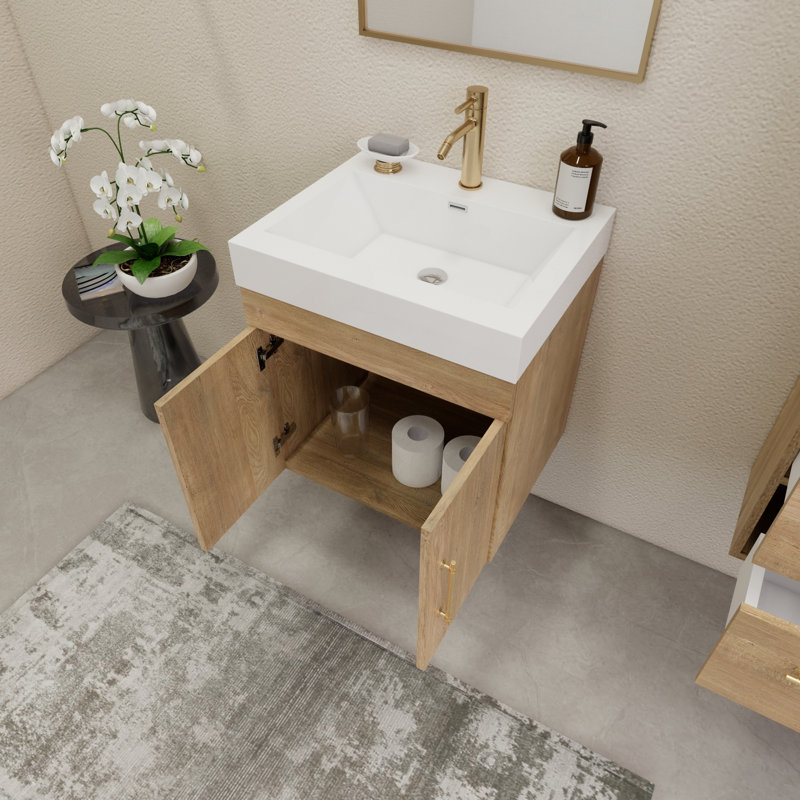 23.6" Wall-Mounted Single Bathroom Vanity Set, Oak