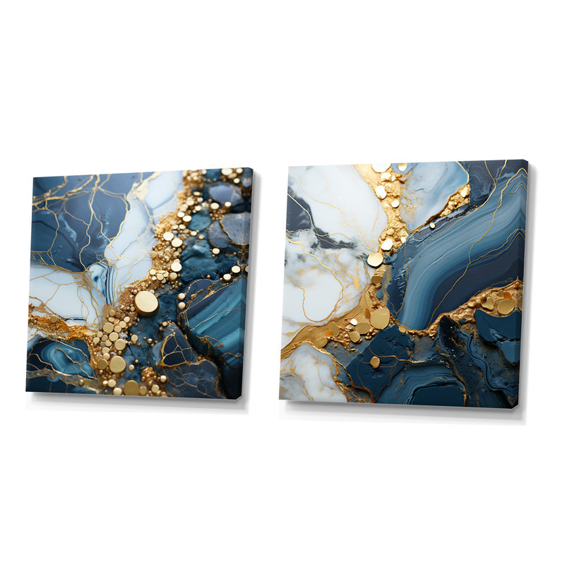 «Blue and Gold Marble River IV», ensemble de 2 impressions murales abstraites à encre liquide, Toile tendue