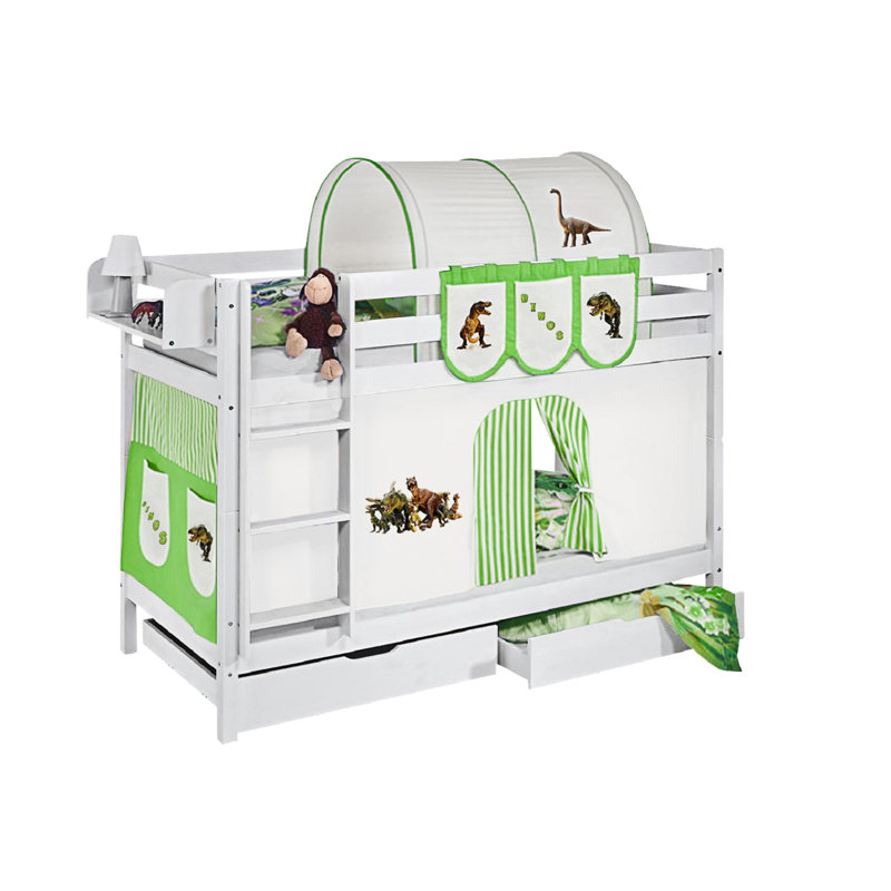 Dinos Bunk Bed with Curtain, European Single (90 x 200cm), Green/Beige