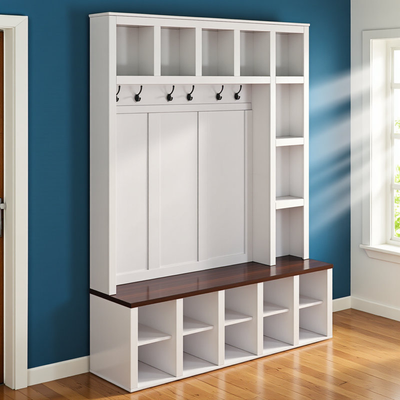 Farmhouse Wooden Hall Tree With 6 Hooks, Walnut Storage Bench With Adjustable Shelves, 4-in-1 Entryway Shoe Cabinet With Cubbies For Mudroom, Living Room, White, 76.7"h