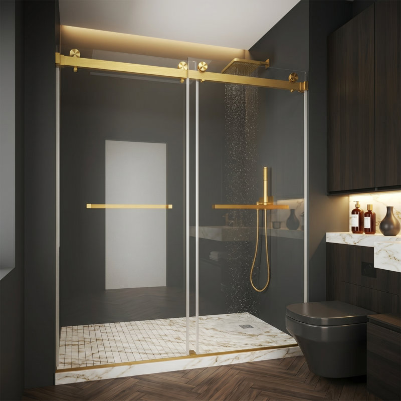 Porte de douche coulissante double l 56 à 60 po x H 76 po à quincaillerie en verre trempé 3/8 po (10 mm) et en acier inoxydable or brossé