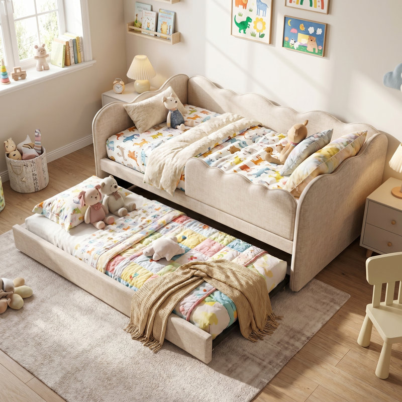 Upholstered Daybed with Trundle, Beige