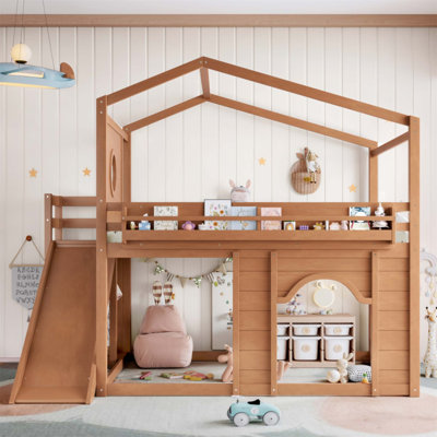 Lit mezzanine avec glissade House, bibliothèque et garde-robe encastrée, structure en bois avec fenêtre ronde et porte arquée (sans matelas)
