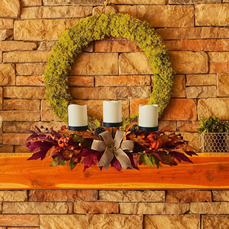 Centre de table de l'Action de grâce avec 3 porte-bougies, décor de récolte d'automne, porte-bougie à feuilles d'érable et feuilles d'automne pour table