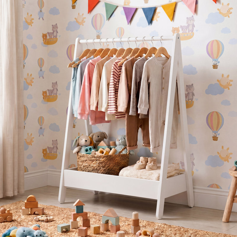 Kids Clothes Rack With Hanging Rail & Lower Storage Shelf For Bedroom And Playroom Organisation, White