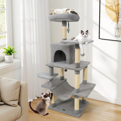 Arbre à chat de 58 po de hauteur à plusieurs niveaux avec perchoir tapissier et condo pour chat, hamac confortable gris clair