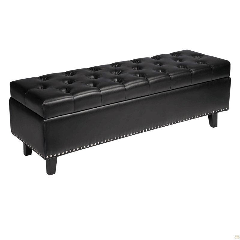 Button-Tufted Storage Ottoman Bench Pu Leather Bench With Wood Legs