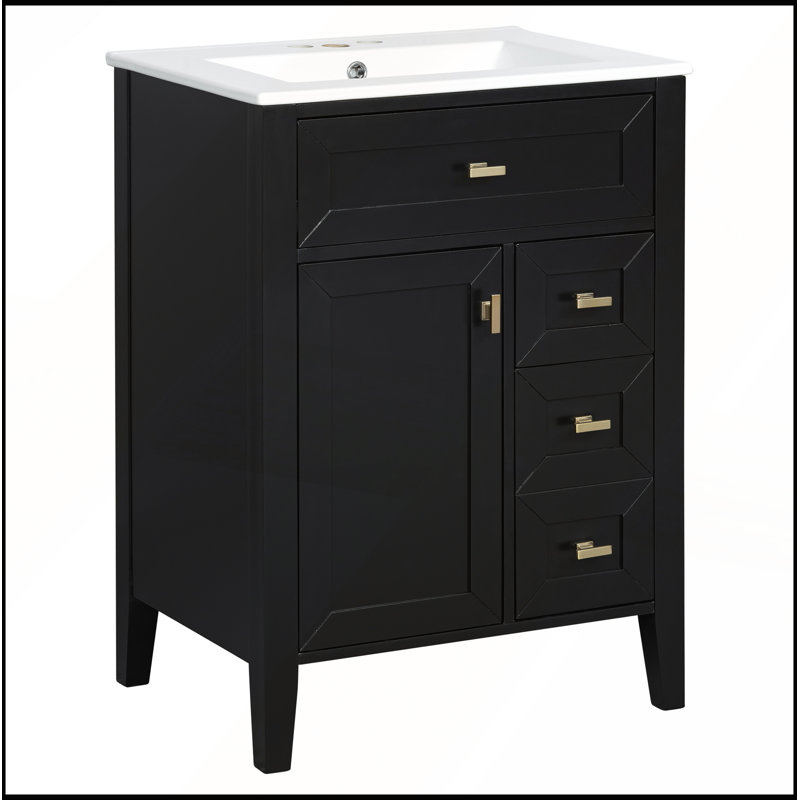 Meuble-lavabo noir 24 po avec lavabo, panneau de fibres à densité moyenne et bois d'hévéa, 3 tiroirs et armoire, fermeture en douceur, conception moderne pour les petites et moyennes salles de bain