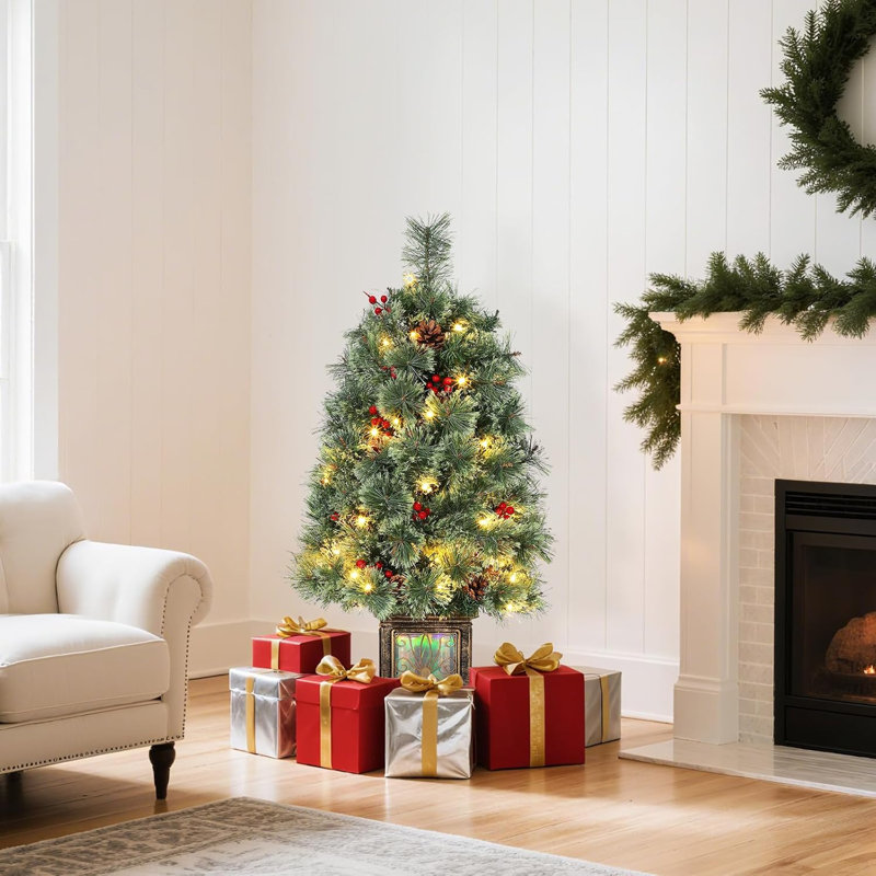 Arbre de Noël artificiel illuminé 3 pi avec 70 lumières DEL, mini arbre de Noël de table en pot rétro pour les fêtes, la maison, le bureau et le vestibule