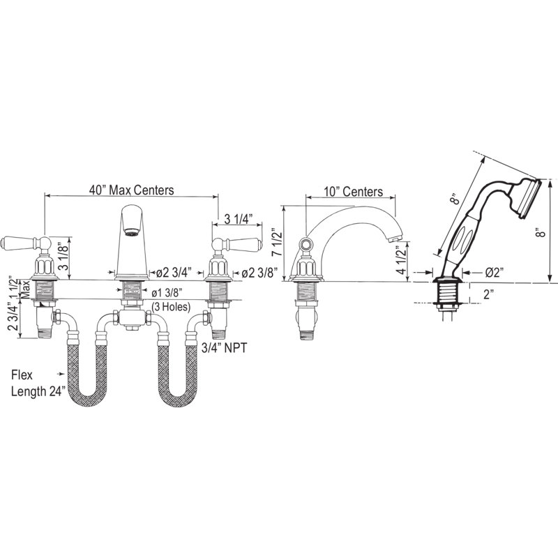 Edwardian™ 4-Hole Deck Mount Tub Filler, Polished Nickel, Lever Handle