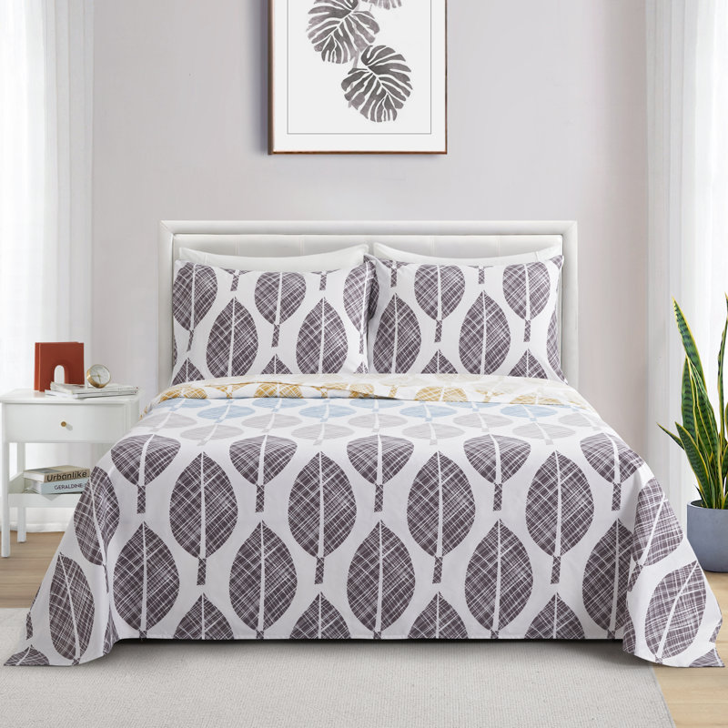 Ensemble de draps en rayonne de bambou toutes saisons 6 pièces Marina avec 4 taies d'oreiller, motif de feuilles colorées modernes
