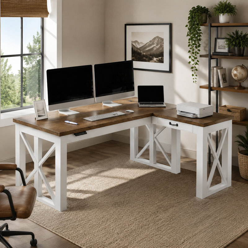 Wood L-Shaped Electric Standing Desk With Drawer, 62" W x 48" D