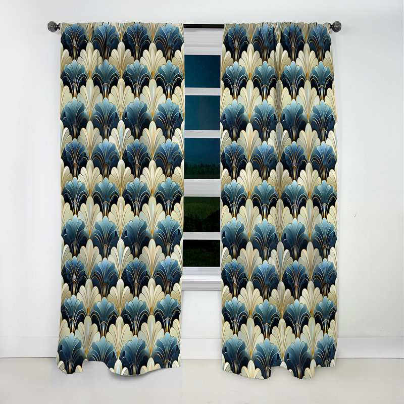 Art déco bleu et beige des années 1970 - Rideau damassé - Rideau occultant en velours - 1 panneaux, L 52 po x L 63 po