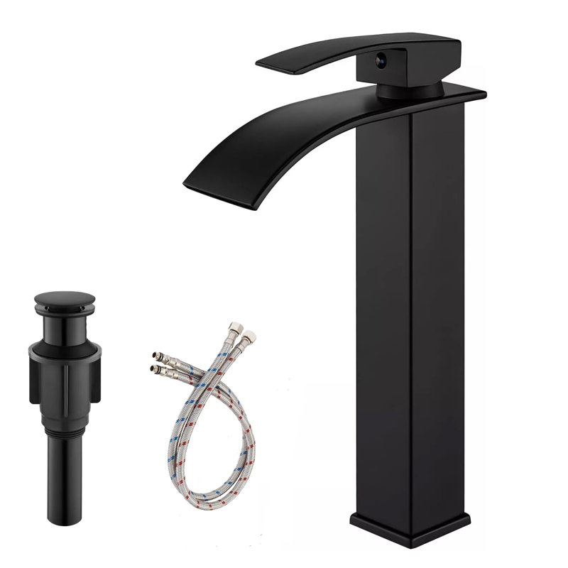 Robinet de lavabo à vasque Mosson haut, noir mat, style cascade, avec poignée unique et bonde escamotable.