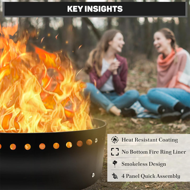  - Smokeless Fire Ring Insert - 36" X 10" - Premium Heat Resistant Coated Carbon Steel Portable Fire Ring Liner For Above Or In-Ground Setups, Backyard, Camping Bonfires & Gatherings