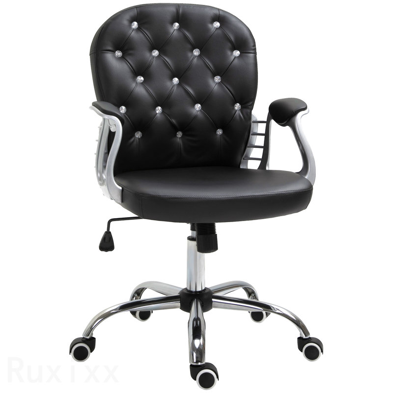 Fauteuil de bureau en cuir noir Pu, chaise de bureau capitonnée à boutons, avec accoudoirs rembourrés, hauteur réglable et roulettes pivotantes