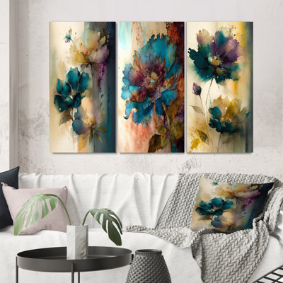 «Blossoming Wildflowers Delicate Retro Watercolor», 3 pièces sur toile