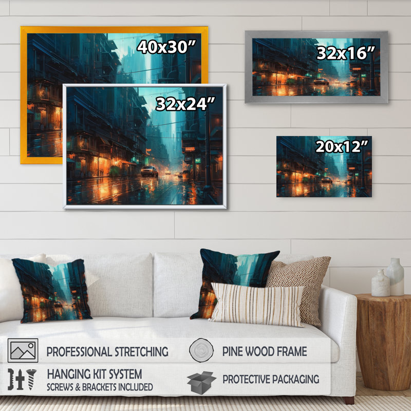 «Blue and Yellow Art Deco Cityscapes Unveilé II», reproduction sur toile, Cadre photo noir, H 16 po x l 32 po x P 1 po
