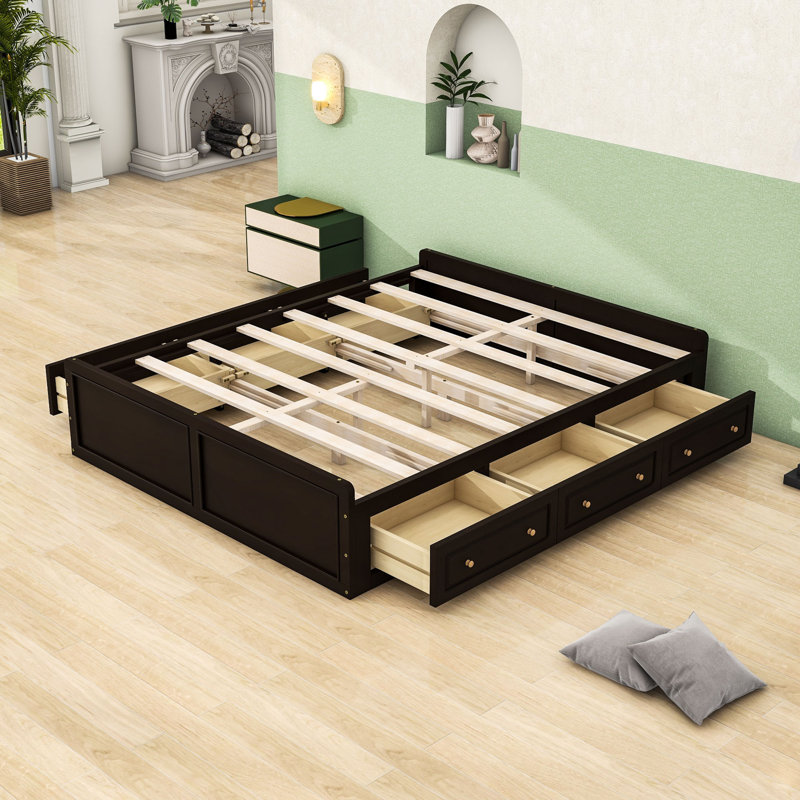 Structure de lit plateforme en bois 6 tiroirs grand format, peu encombrant, Espresso