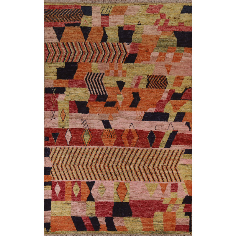 Tapis orange / vert / noir en laine noué à la main de conception unique 6 pi 8 po x 9 pi 8 po New Age