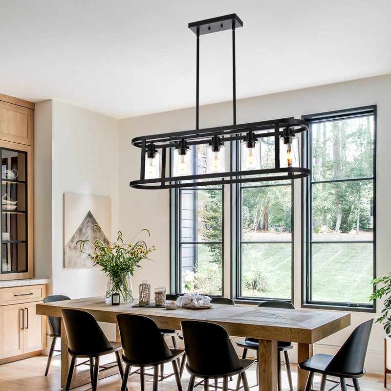 Lustre de salle à manger à 5 lumières pour îlot de cuisine noir avec luminaire suspendu ovale suspendu au plafond avec abat-jour en verre transparent pour le bar de la salle à manger.