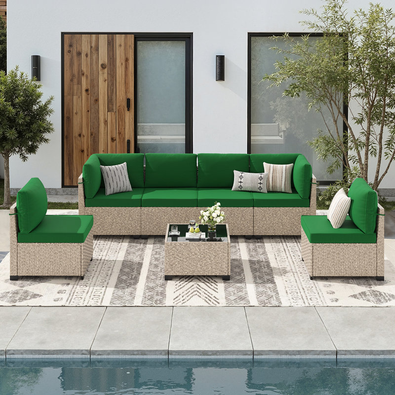 Ensemble de conversation d'extérieur pour 6 personnes avec coussins et table basse, ensemble de conversation modulaire en osier pour l'extérieur