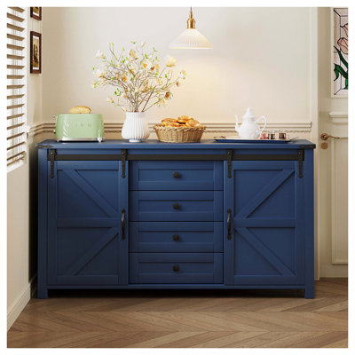 Farmhouse Sideboard With Sliding Barn Doors, 4 Drawers And Power Outlet