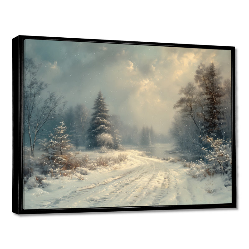 «White Grey Winter route into forest III - Winter Landscape», art mural sur toile, Cadre flottant noir, H 16 po x l 32 po