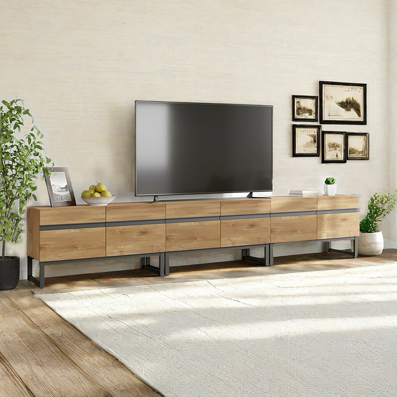 Milibor TV Stand with Cabinets, Natural Oak, 19.9”H x 15.6”L x 106.3”W