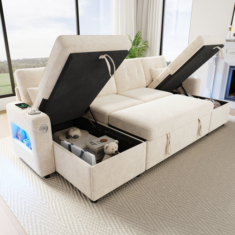 Chenille Chaise End Sofa, Beige, 4-seat