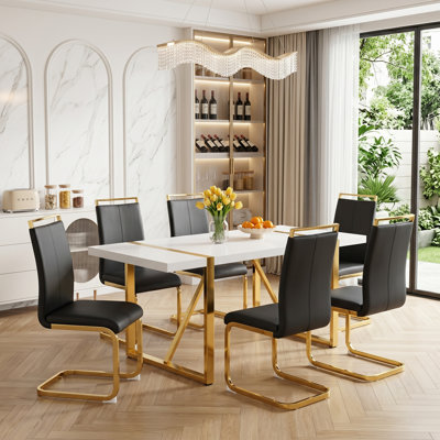 Modern 71" Faux Marble Dining Set with Gold Geometric Base and Cantilever Chairs