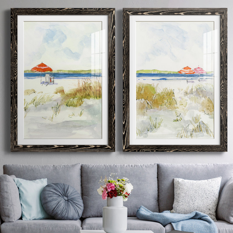 «Sketchy Beach I», ensemble de 2 peintures, H 37,5 po x l 55 po x P 1,5 po, Papier encadré noir