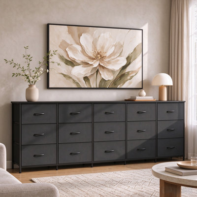 92'' Dreseer for Bedroom, 15 Drawer Long Fabric Dresser with Wooden Top, TV Stand for 98 Inch TV, Black Chest of Drawers with Sturdy Frame for Living Room, Hallway