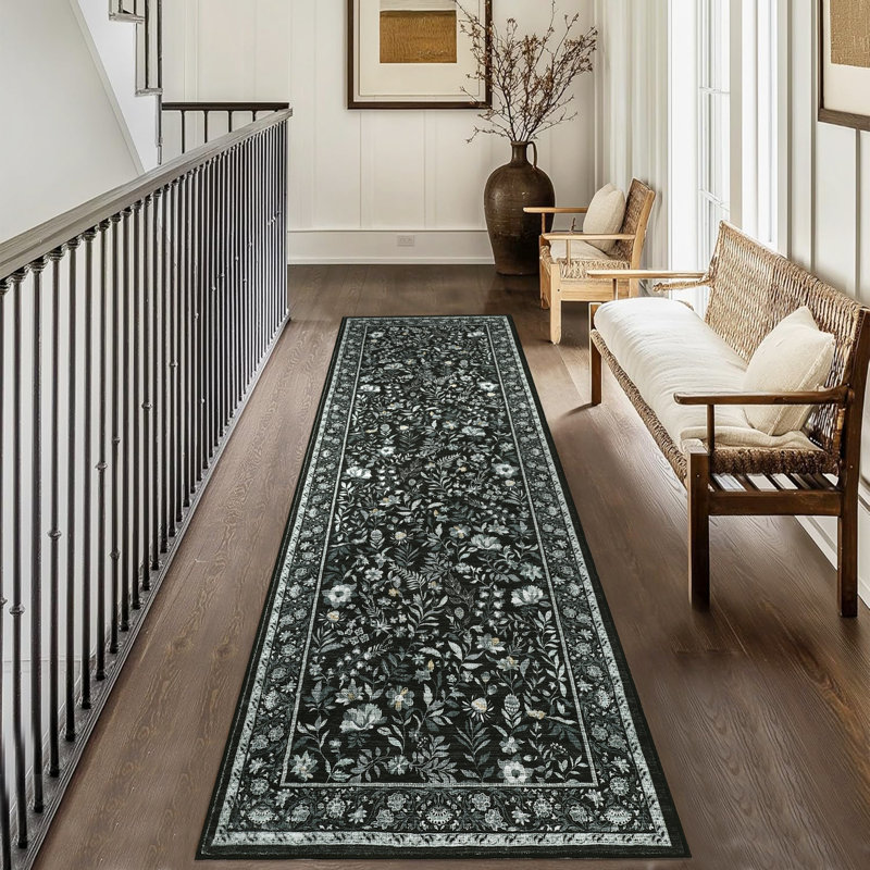 Washable Runner Rug 2x6 Moden Floral Entryway Runner with Non Slip Rubber Backing, Farmhouse Botanical Hallway Rug, Low Pile Thin Foldable Printed Mat, Soft Non Shedding Carpet, Black