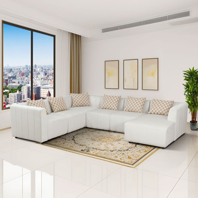 KOKO- White Microfiber Minimalism Living Room Lounge Sofa Sectionals by Latitude Run