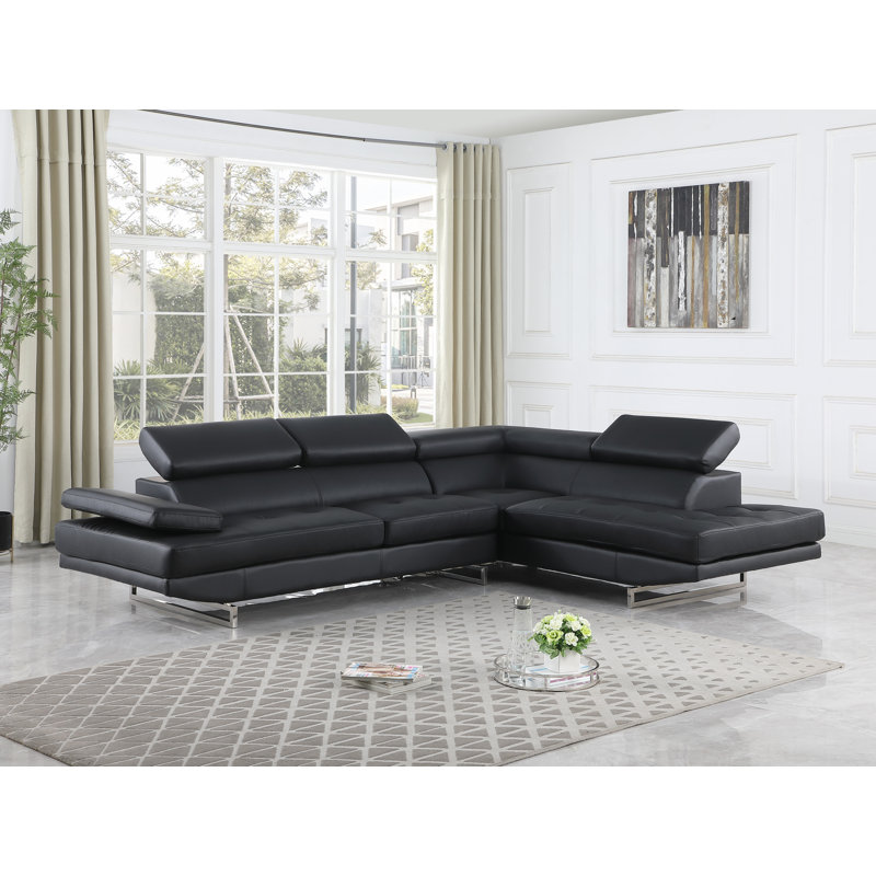 Armes Upholstered L-Shaped Sectional, Right Hand Facing, Black Faux Leather