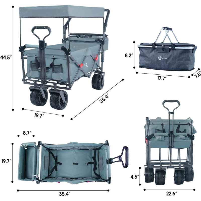 Collapsible Wagon 140L Wagons Carts Foldable with Removable Canopy, Folding Wagon Cart with Wheels, Grey