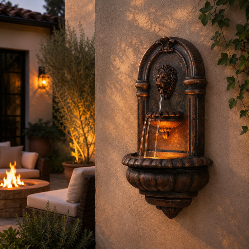 Tiered Lion Head Outdoor Water Wall Fountain with LED Light and Pump, Antique Bronze