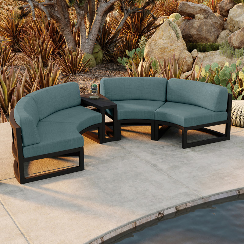 Bergeron Outdoor Curved Patio Sectional with Sunbrella Cushions, Cast Lagoon Sunbrella® Plainweave, Black