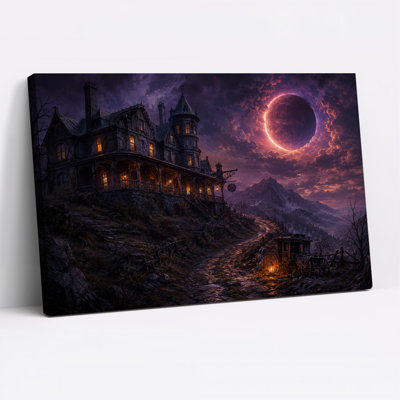 Art mural sur toile Halloween manoir gothique avec chariot et ciel éclipse mauve