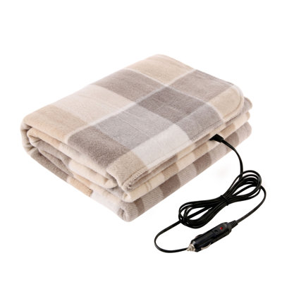 Couverture chauffante Stalwart 12V pour voitures, tissu écossais brun clair