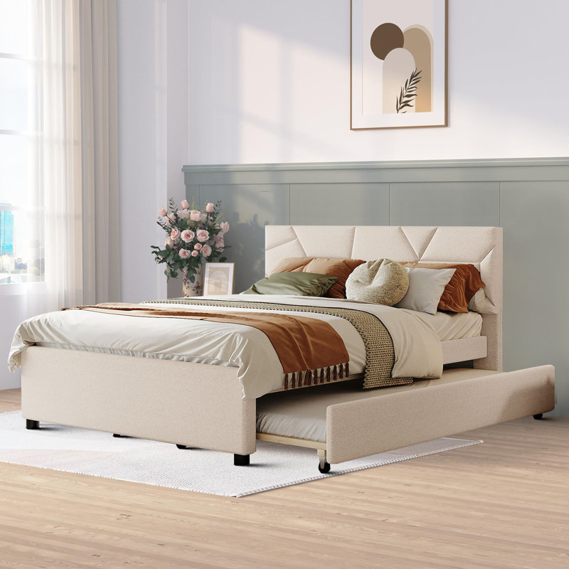 Lit plateforme tapissier avec lit gigogne Izabela, Double, Beige