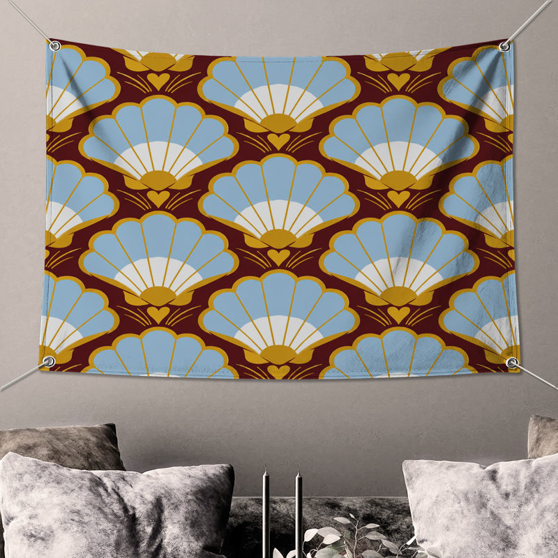 Scallop Shell Pattern Wall Tapestry - Seashells Wall Decor, 104in H x88 with 4 Grommets