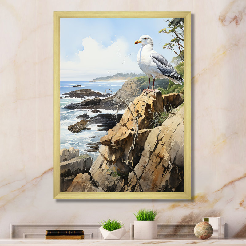 Timothea Seagull Coastal Guardian sur rocher sur toile, H 44 po x l 34 po x P 1,5 po, Encadrement doré