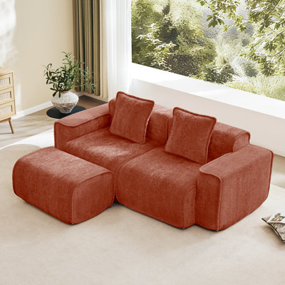 Canapé modulaire en L à 2 places avec passepoil à bordure française, sans assemblage requis, canapé à 2 places avec coussins décoratifs et 1 repose-pieds mobile, tissu de velours rouge
