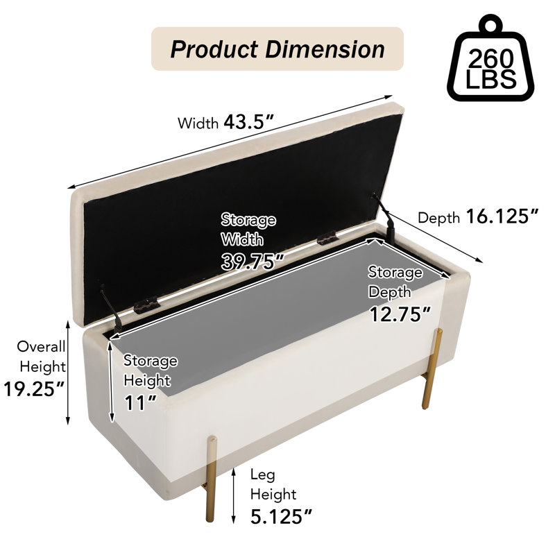 Debrango 43.5'' Wide Upholstered Flip Top Storage Bench, Beige Velvet
