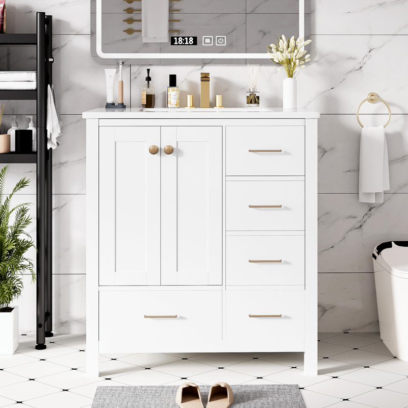 Ensemble de meuble-lavabo de 30 po avec lavabo en céramique pour la salle de bain, Blanc