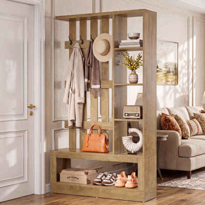 Paravent 70,9 "avec tablettes de rangement, banc d'entrée 4 en 1 avec portemanteau